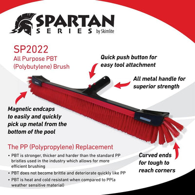 Skimlite 22" Spartan SP2022 All Purpose Nylon Pool Brush Head for Pool Walls Tile Corners Floors, Heavy Duty Scratch & Rust Free Round Edges, Reinforced Metal Handle