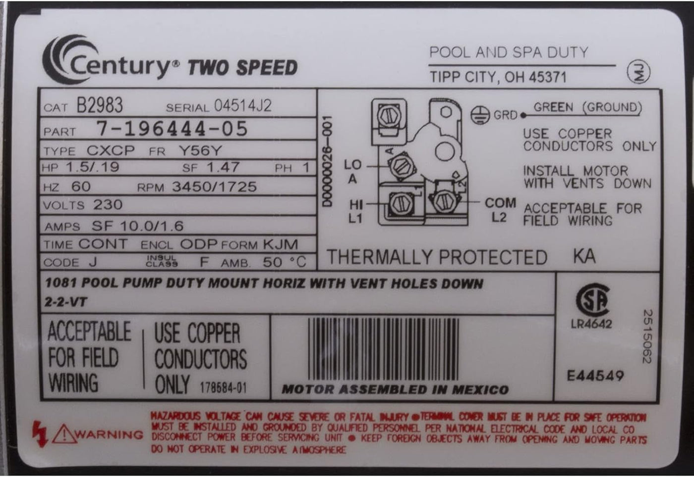 Century® Centurion® B2983 2 Speed Pool and Spa Pump Motor; 1.5/0.19HP, 3450/1725 RPM, 230V, 56Y, Square Flange