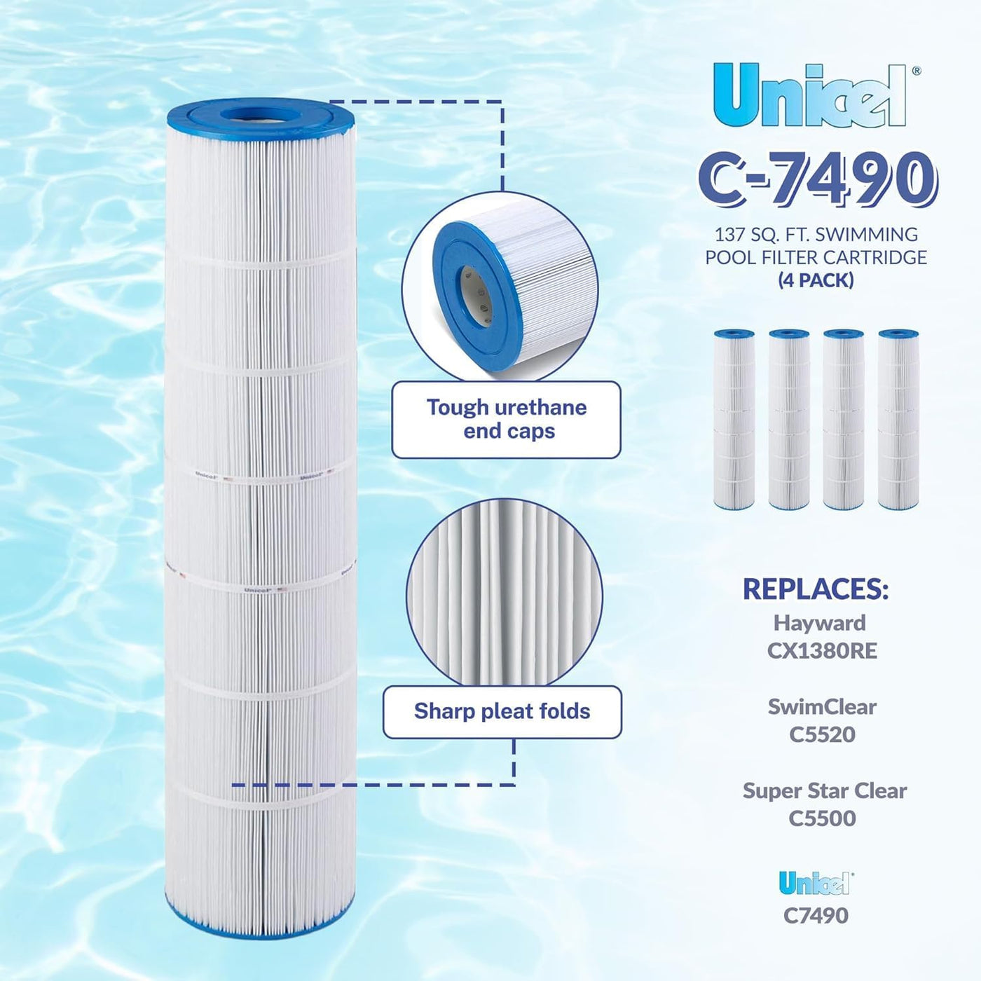 Unicel C-7490-4 Cartridge Filter for Hayward CX1380RE, SwimClear C5520 and C5020 (4 Pack)