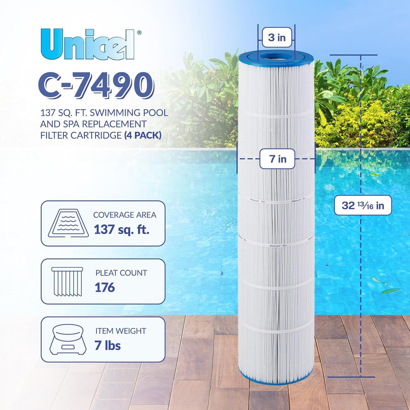 Unicel C-7490-4 Cartridge Filter for Hayward CX1380RE, SwimClear C5520 and C5020 (4 Pack)