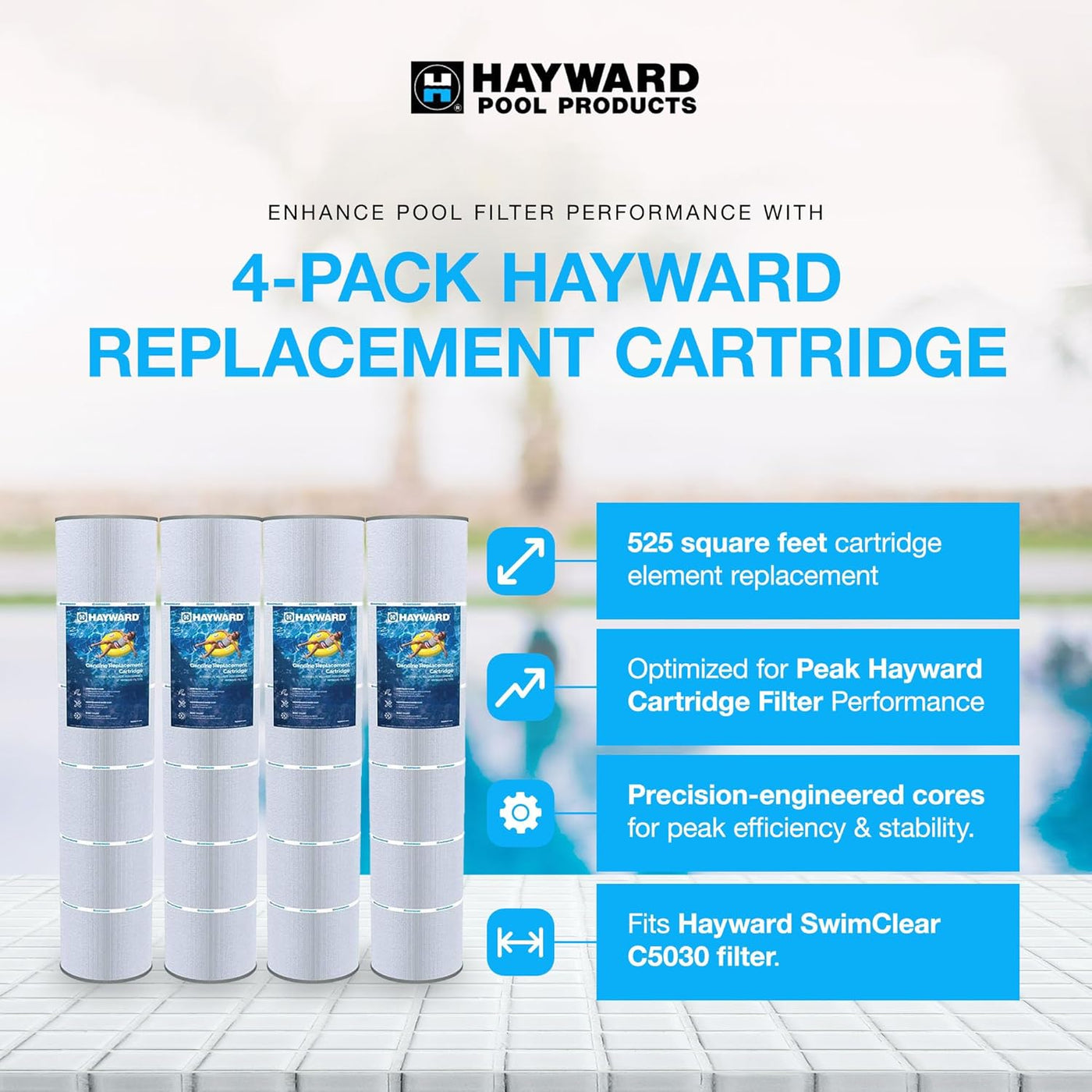 Hayward CX1280XREPAK4 525 Square Feet Replacement Cartridge Element for Pool, Hayward SwimClear Filter Model C5030, White, 4 Pack