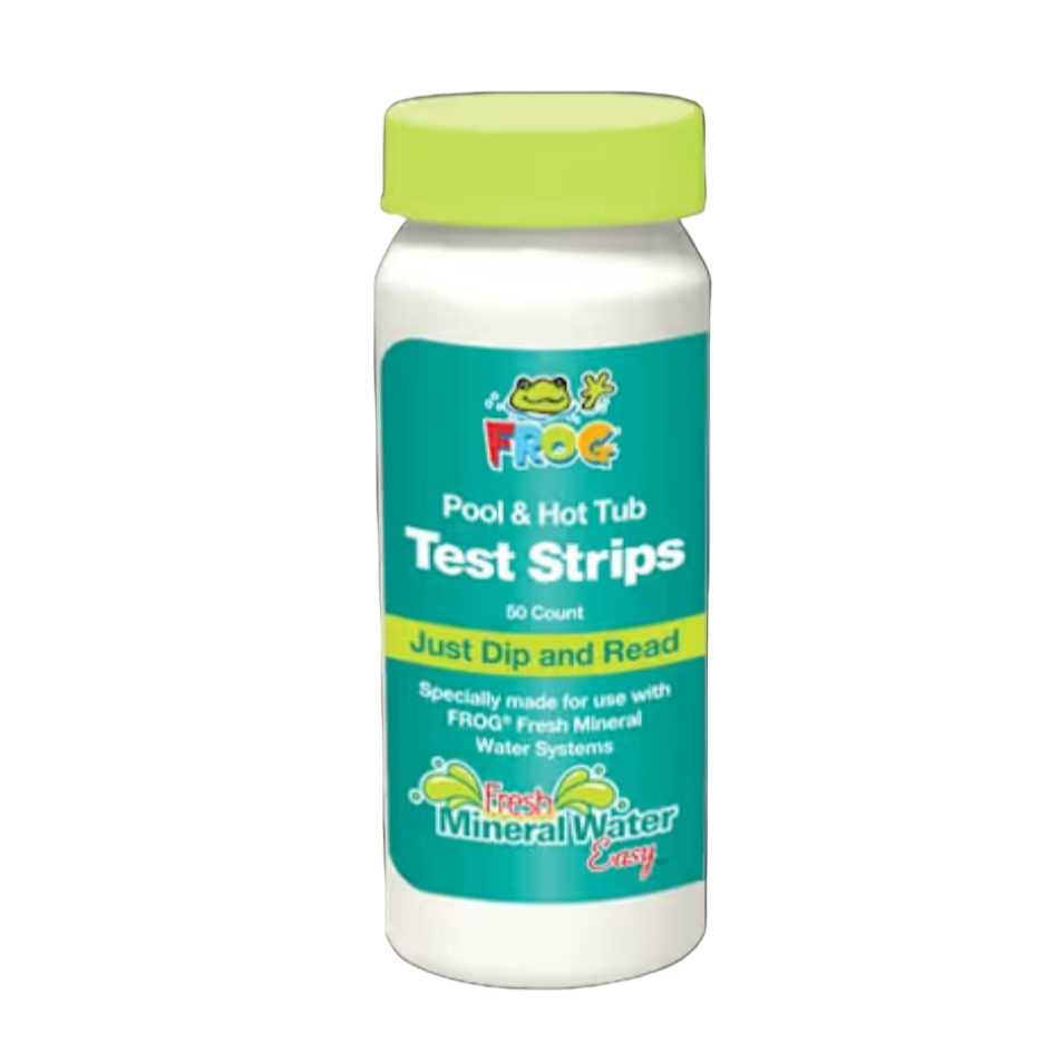 Bottle of pool and hot tub test strips with a green lid on a white background